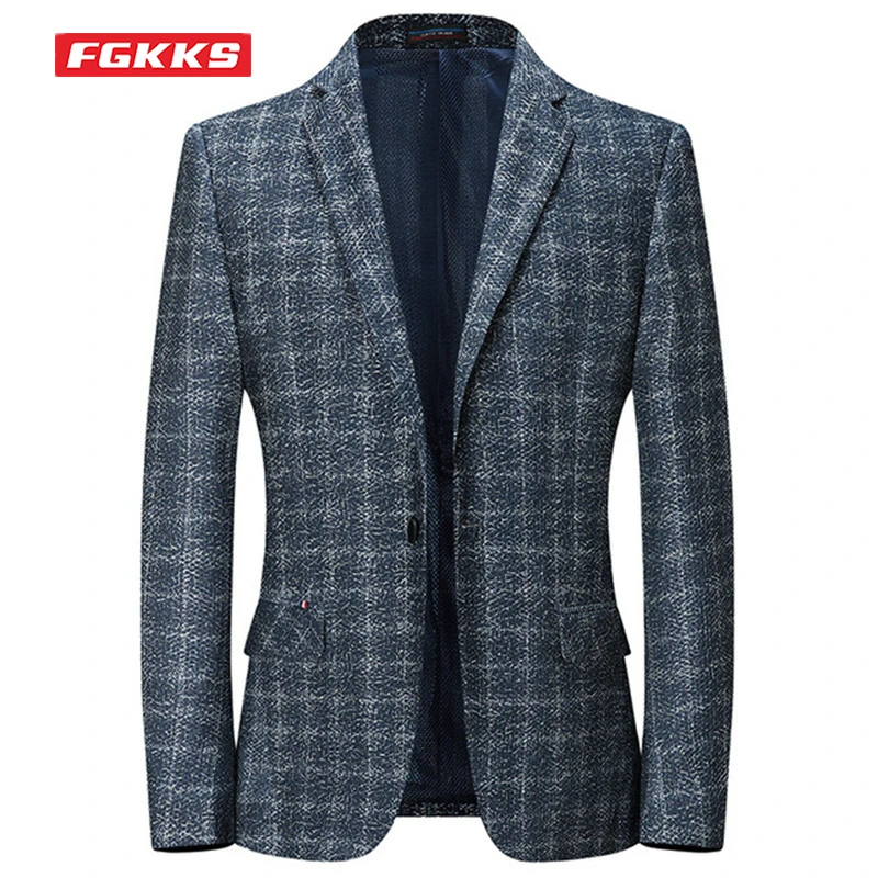 

Мужской Блейзер в клетку FGKKS, тонкий жаккардовый сетчатый пиджак, повседневная одежда для работы и лета