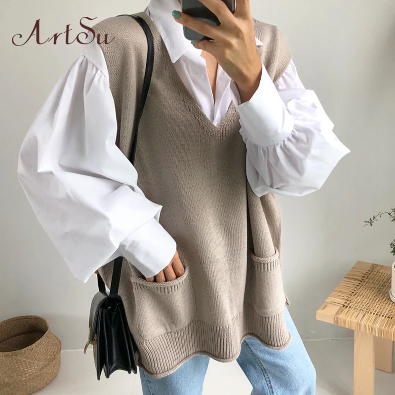 

Artsu Khaki 2020 New Autumn Winter Women Sweaters Pullover Sleeveless Vest Knitting Pockets Oversize Wild Split Knitwear Outwear