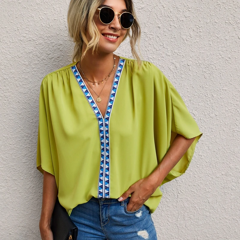 

2021 Spring Summer New Female Street Style Blouse Loose V Neck Solid Splicing Chic Short Batwing Sleeve Ladies Blouse
