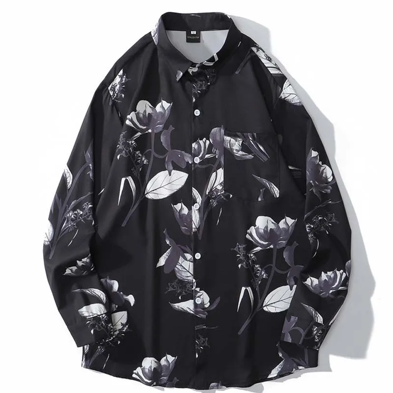 

Men Flower Print Hawaii Beach Shirts Harajuku Streetwear 2020 SS Long Sleeve Blouse Hiphop Unisex Black Shirts Tops and Blouse