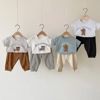 2022 summer new baby clothes set kids bear print tops and casual pants outfits boys and girls striped clothes set children suit