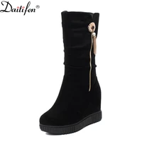 daitifen brand winter women mid calf leather boots keep warm non slip female hidden heel pumps metal decoration shoes ldies