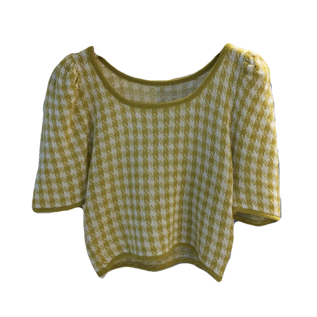 

Ice Silk French Style Square Collar Puff Sleeve Thin Short-Sleeved T-shirt Women's Outerwear Sweater Houndstooth Taro Purple BM