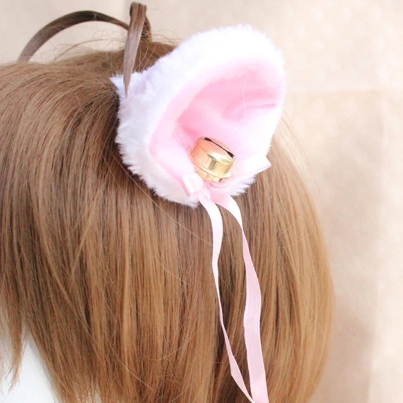 Cat Ears Cosplay Hair Clips with Bell Bowknot Anime Lolita Fluffy Plush Hairpins F3MD