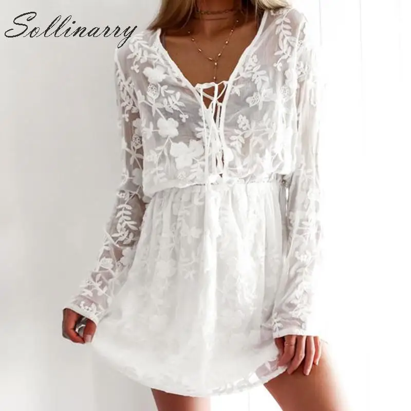 Sollinarry/повседневное короткое платье с вышивкой для женщин 2019 белое элегантное