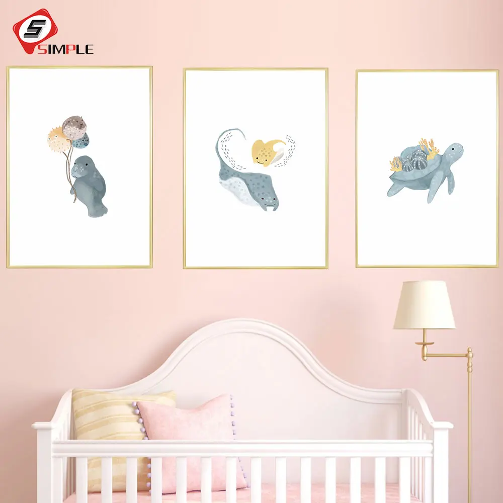 

Ocean Baby Manatee Manta Ray Turtle Lizard Adventure Canvas Painting Sea Animal Poster Relaxing Wall Picture Home Children Room