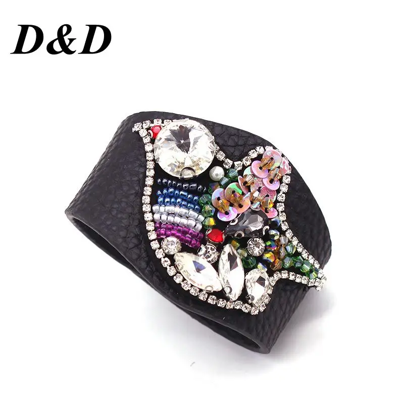 

D&D European Fashion Punk Wrap Crystal Leather Bracelets & Bangles for Women Cuff Bracelet Statement Jewelry