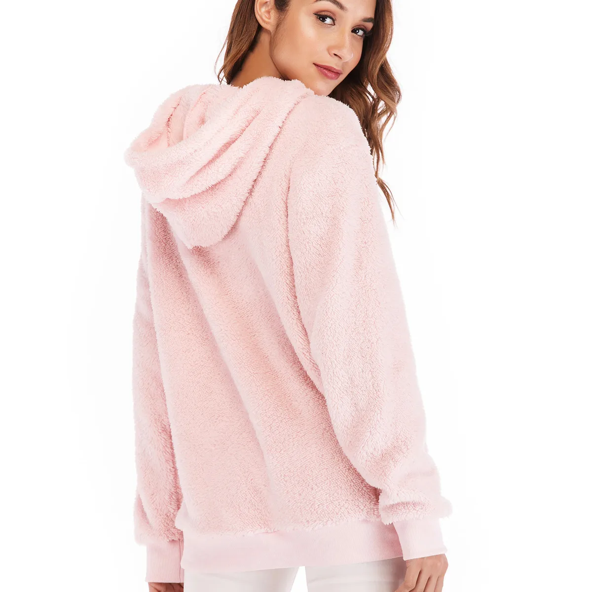 2019 Осень Зима Мода Шерсть Feece негабаритных балахон розовый теплый флис | Женская
