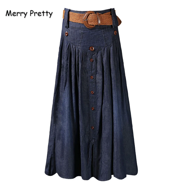 

Merry Pretty Women Dark Blue Denim Skirt Sashes Pleated Skirt 2020 Autumn Hight Waist Long Jeans Skirt Solid Midcalf Skirt