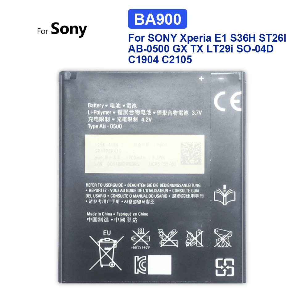 

Аккумулятор BA900 для SONY Xperia E1 S36H ST26I AB-0500 GX TX LT29i SO-04D C1904 C2105 C1905 C2005 D2004 C2104 D2114 S36h 1700 мАч