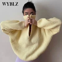 wyblz new zipper knitted sweater women solid loose casual pullover top female half high neck warm womens sweater autumn 2021