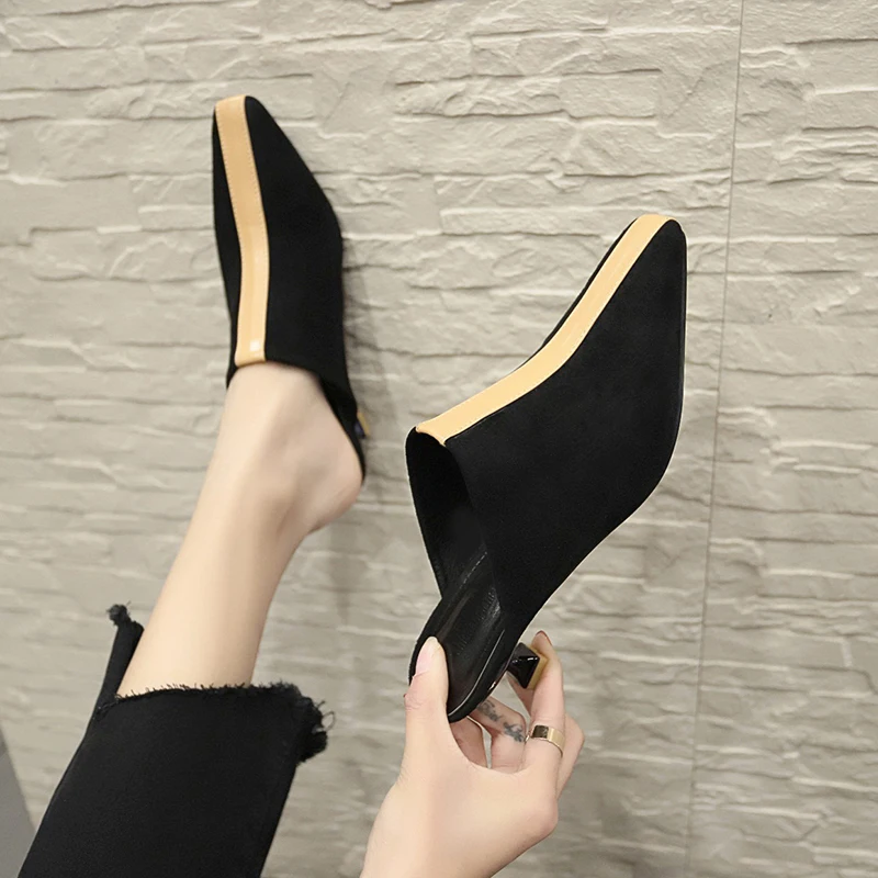 woman mules footwear transparet heel Square Toe soft Strange Style Med Crystal leather black couple warm Sweet