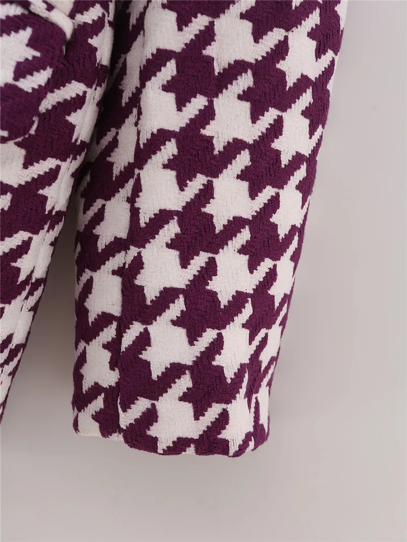 

TMODA1761 Za 2021 Autumn Women Purple Houndstooth Tweed Thick Blazer Coat Double Breasted Pocket Female Casual Chic Tops