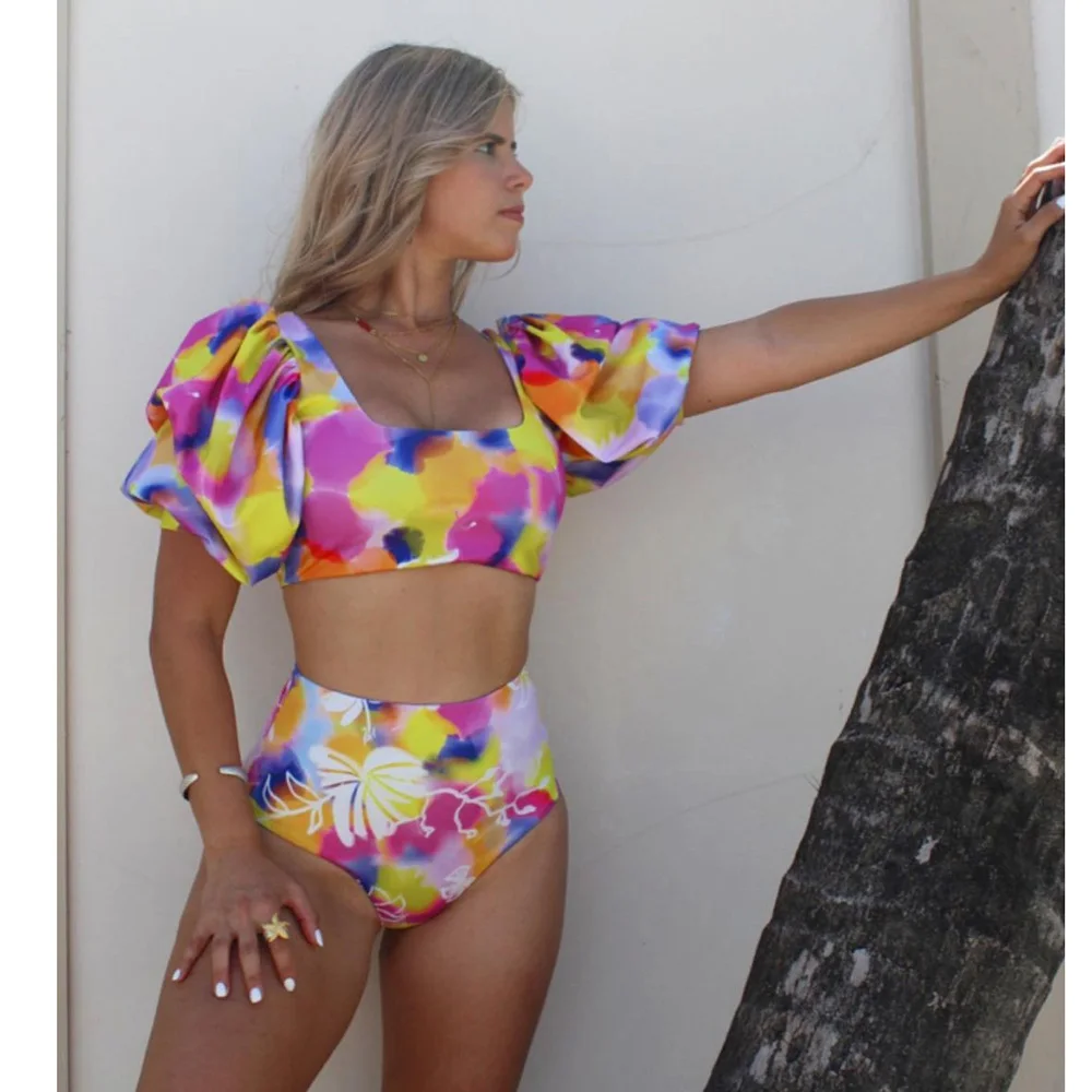 

2021 Sexy Ruffle Bikini Set And Cover Up High Waist Swimwear Women Swimsuit Push Up Bathing Suit Beachwear Biquini Female