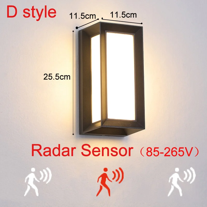 D style Radar Sensor 18 Вт светодиодный настенный светильник, водонепроницаемый IP66, светильник для крыльца, современный светодиодный настенный светильник с датчиком движения, уличный светильник ZBW0001 - Испускаемый цвет: D style Radar Sensor