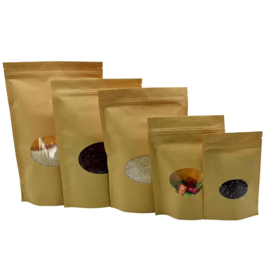 

25pcs Kraft Paper Bags Zip Lock Brown With Window Stand Up Resealable Grip Ziplock Pouches Tea Coffee Bean Candy Packaging Food