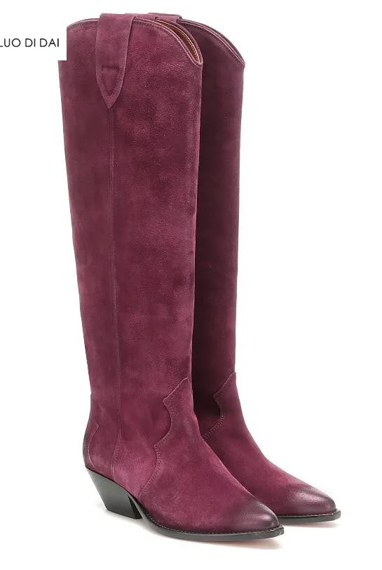 2019 new women knee high boots block heel point toe suede leather ladies party shoes slip on western booties | Обувь