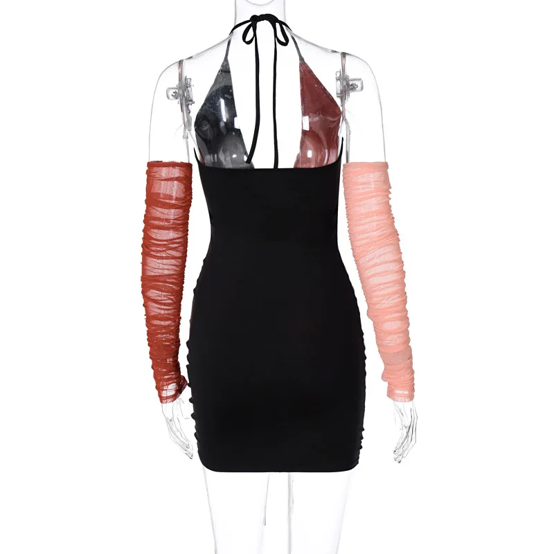 

Sexy Patchwork Mesh Sheer Long Sleeve Night Party Dress Women Clothes Backless Bandage Ruched Bodycon Mini Club Outfits