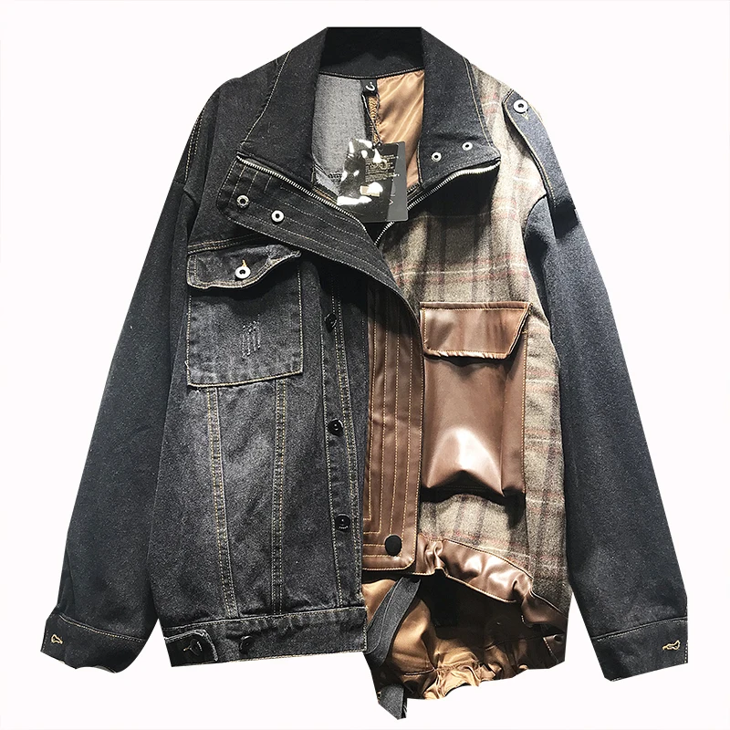 

INS Trend Autumn Women Coat Loose Check Pattern Irregular Type Spring Tops for Ladies PU Leather Patched Women Denim Jacket