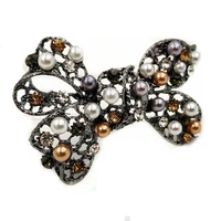 antique crystal stones deco imitated black white pearls bow brooch metallic bowtie pin vintage edwardian jewelry for women coat