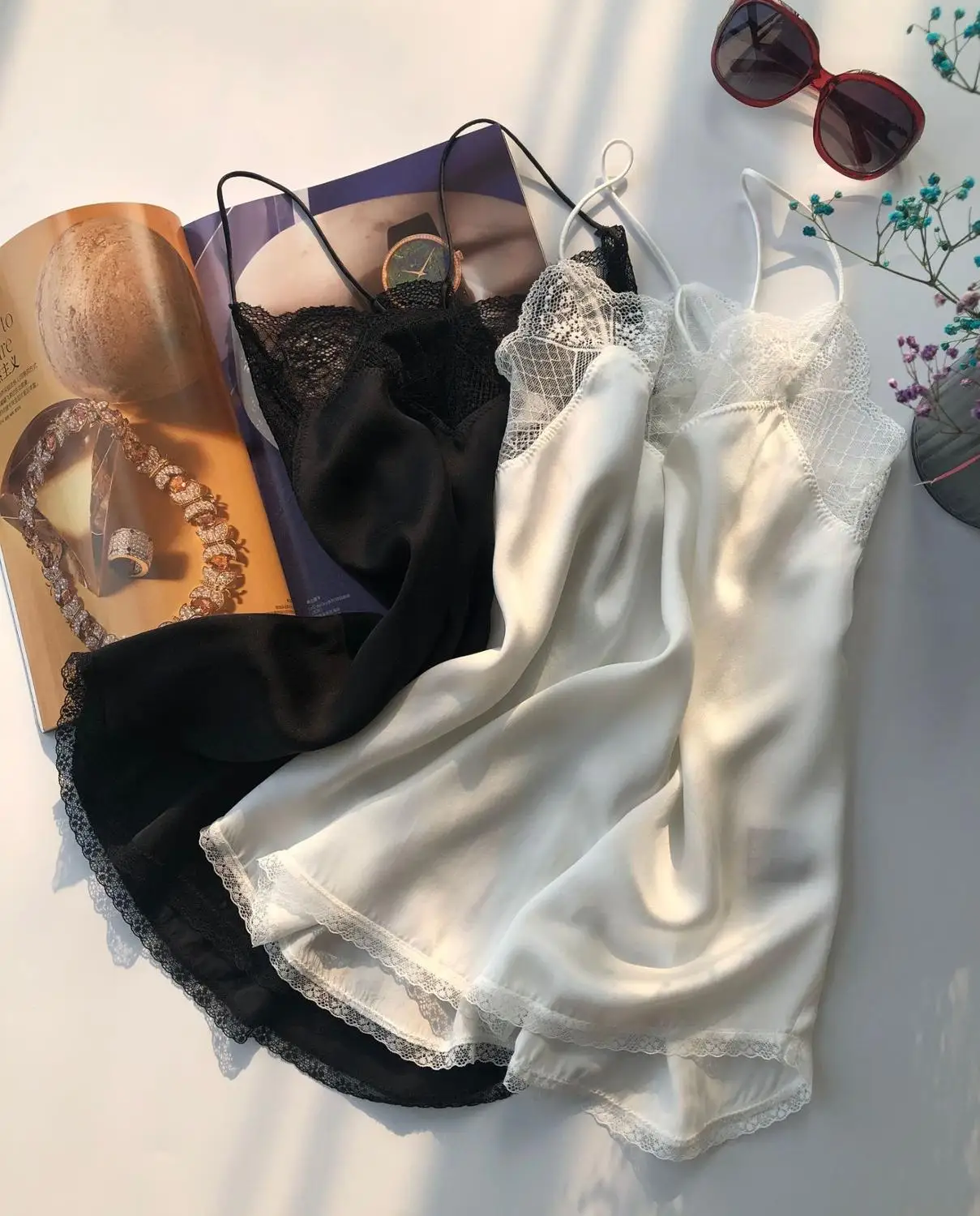 100% Silk Sling vests Sexy lace wild women Sling bottom top black white colors