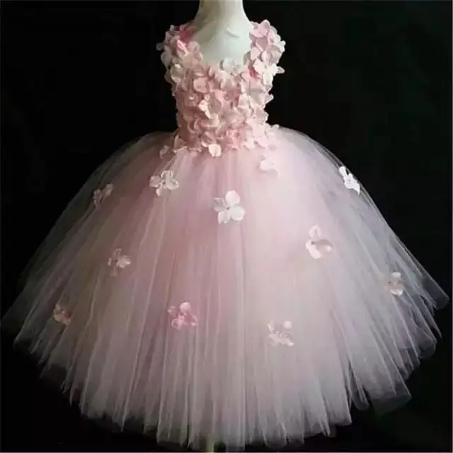 Girls Pink Fairy Flower Petals Tutu Dress Kids Crochet Tulle Dress Long Ball Gown Children Wedding Party Costume Evening Dresses