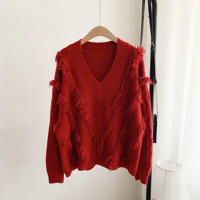 2019 Autumn Winter Women Sweater New Year V Neck Tassel Loose Knitted Pullover Oversized | Женская одежда