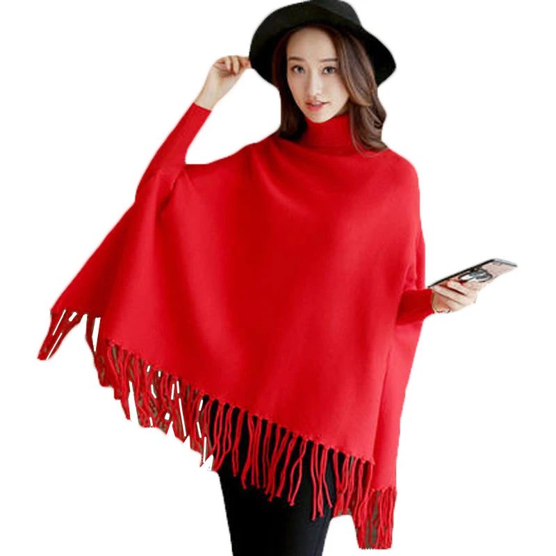 

2020 Women Spring Autumn Knitted Sweater Poncho Coat Solid Elegant Pullover Female Jumper Irregular Tassel Hem Cape Cloak Pull