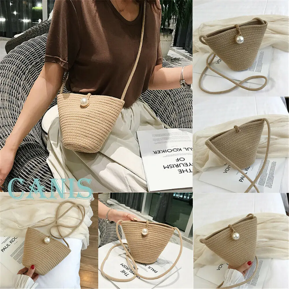 

New rattan hand-woven women's straw bag Bohemian pearl beach bag casual fashion shoulder bag