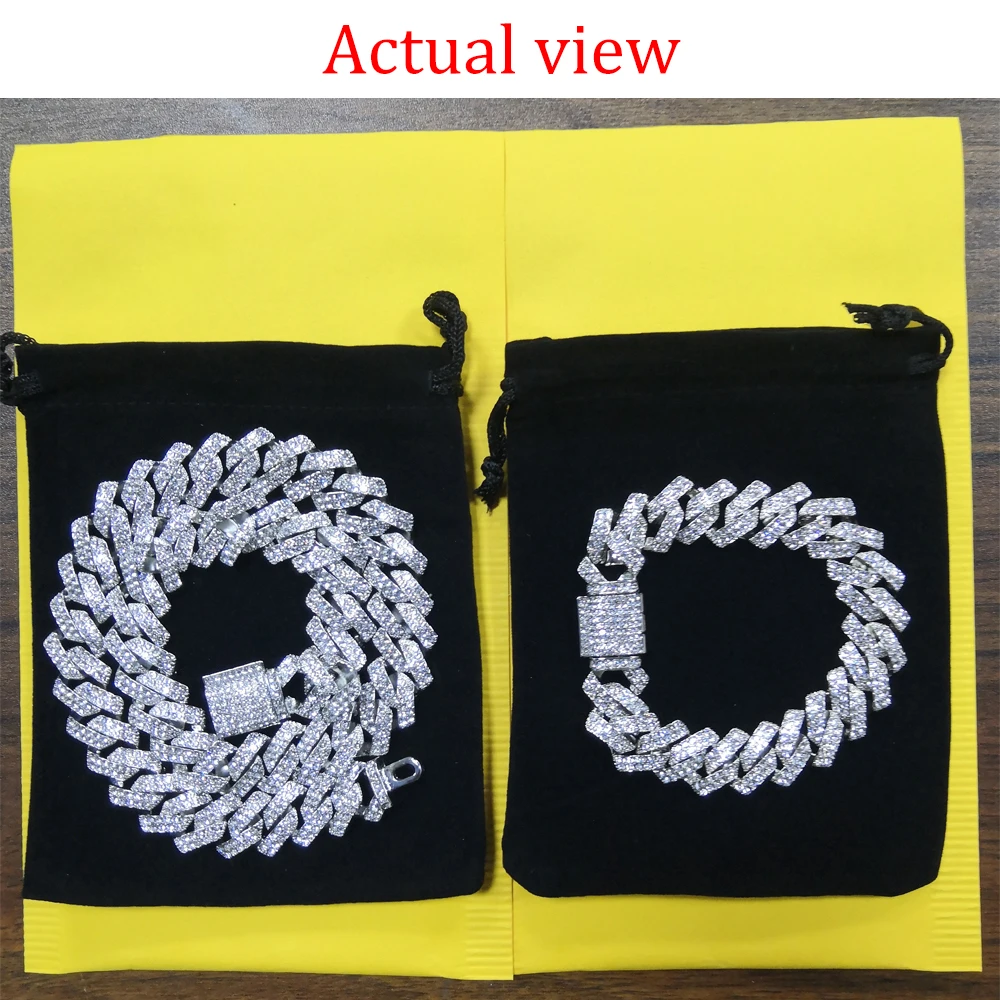 

Hip Hop AAA Bling 15MM Prong Cuban Chain 2 Row Iced Out Men's Necklace Rhinestone Zircon Paved Necklaces For Men Women Jewelry