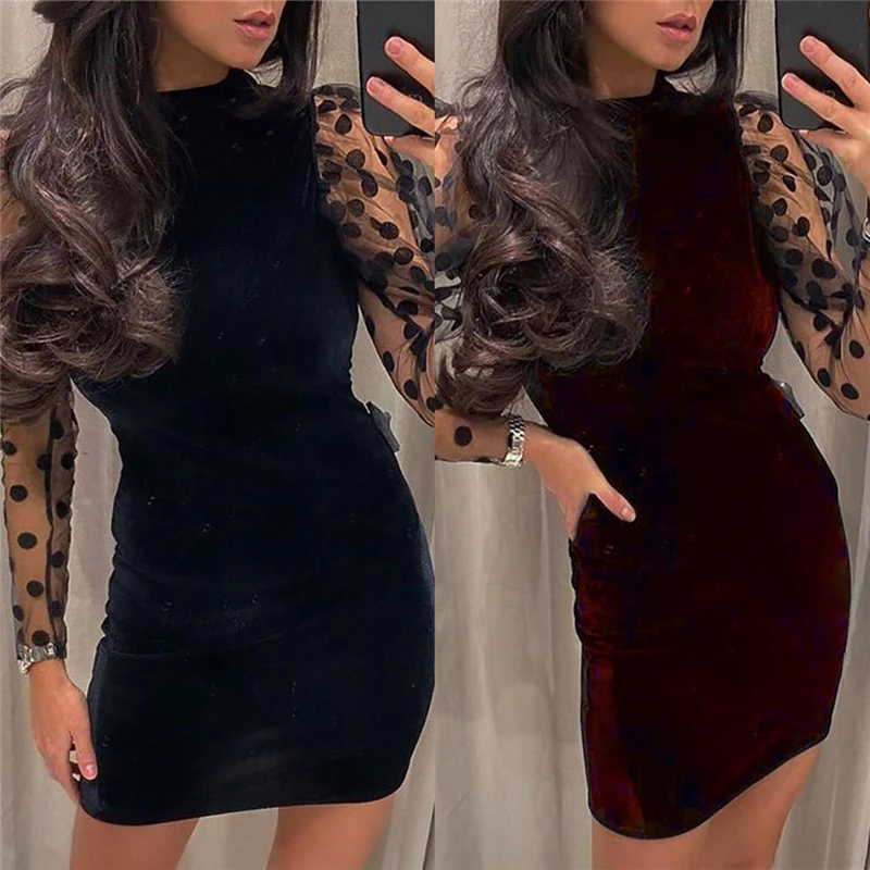 Пикантное осеннее женское Прозрачное мини платье с длинным рукавом винтажное