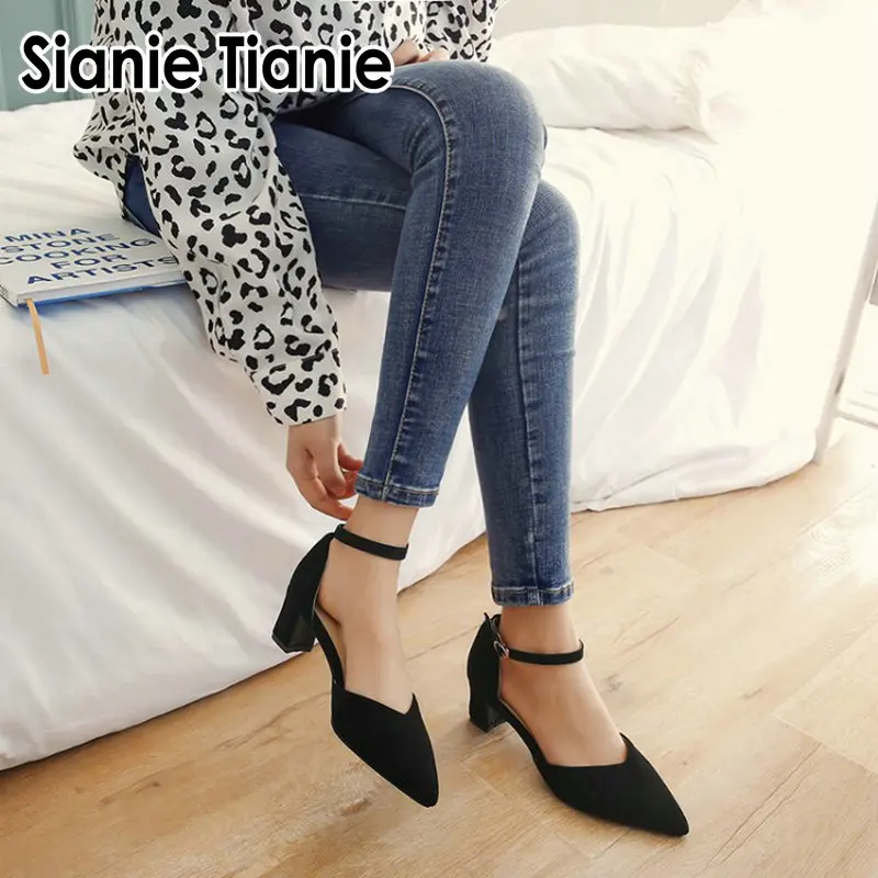 Женские босоножки на среднем каблуке siskoda черные с острым носком туфли лодочки