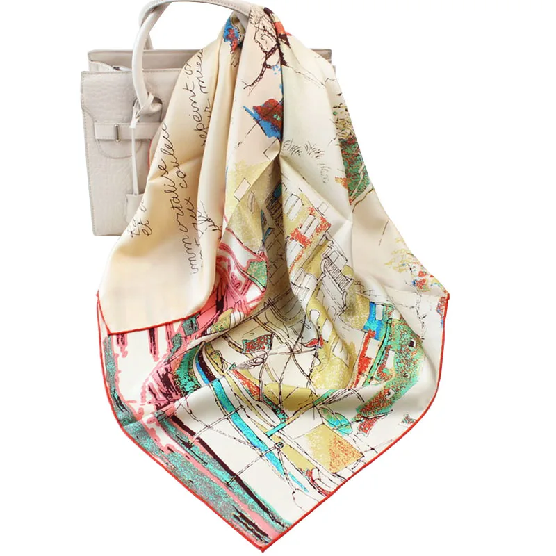 

100% саржевый шелковый шарф, повязки на голову для женщин, дизайнерская винтажная шаль с рисунком речного города, лодки, хиджаба, бандана 90*90 с...