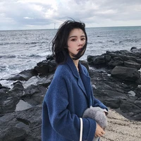 womens winter single breasted woolen coat long sleeve blue woolen coat women lapel sky blue korean style ladies coats outwear