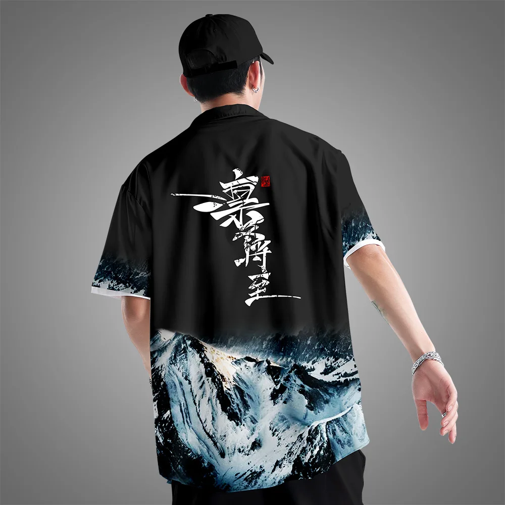 

Рубашка мужская с коротким рукавом, гавайская уличная одежда с принтом снега и гор, праздничная пляжная сорочка оверсайз, 6XL, лето