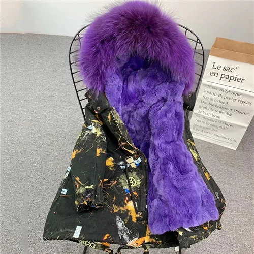 Gear shell-purple Детская парка с большим меховым воротником Настоящий мех кролика, зимняя детская шубка для мальчиков и девочек, съемная подкладка, цветные детские меховые парки - Цвет: Gear shell-purple