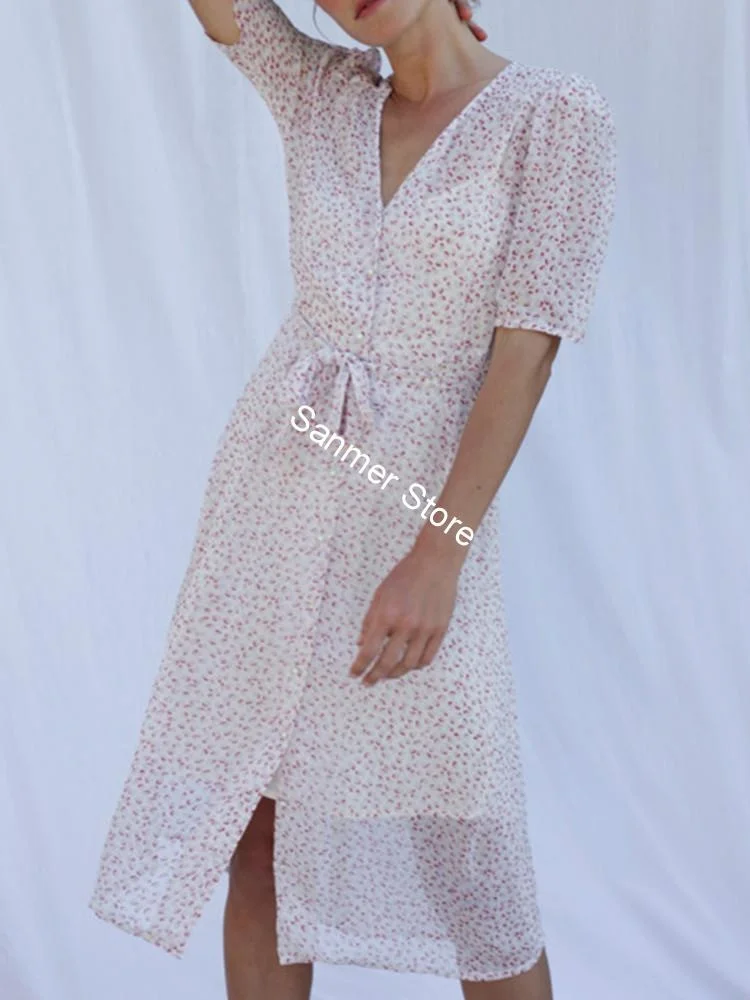 

Women Printed Midi Dress Lace-up Wrap Two Pieces Short-sleeved V-neck Summer 2021 New Pearl Buckle Retro Dresses