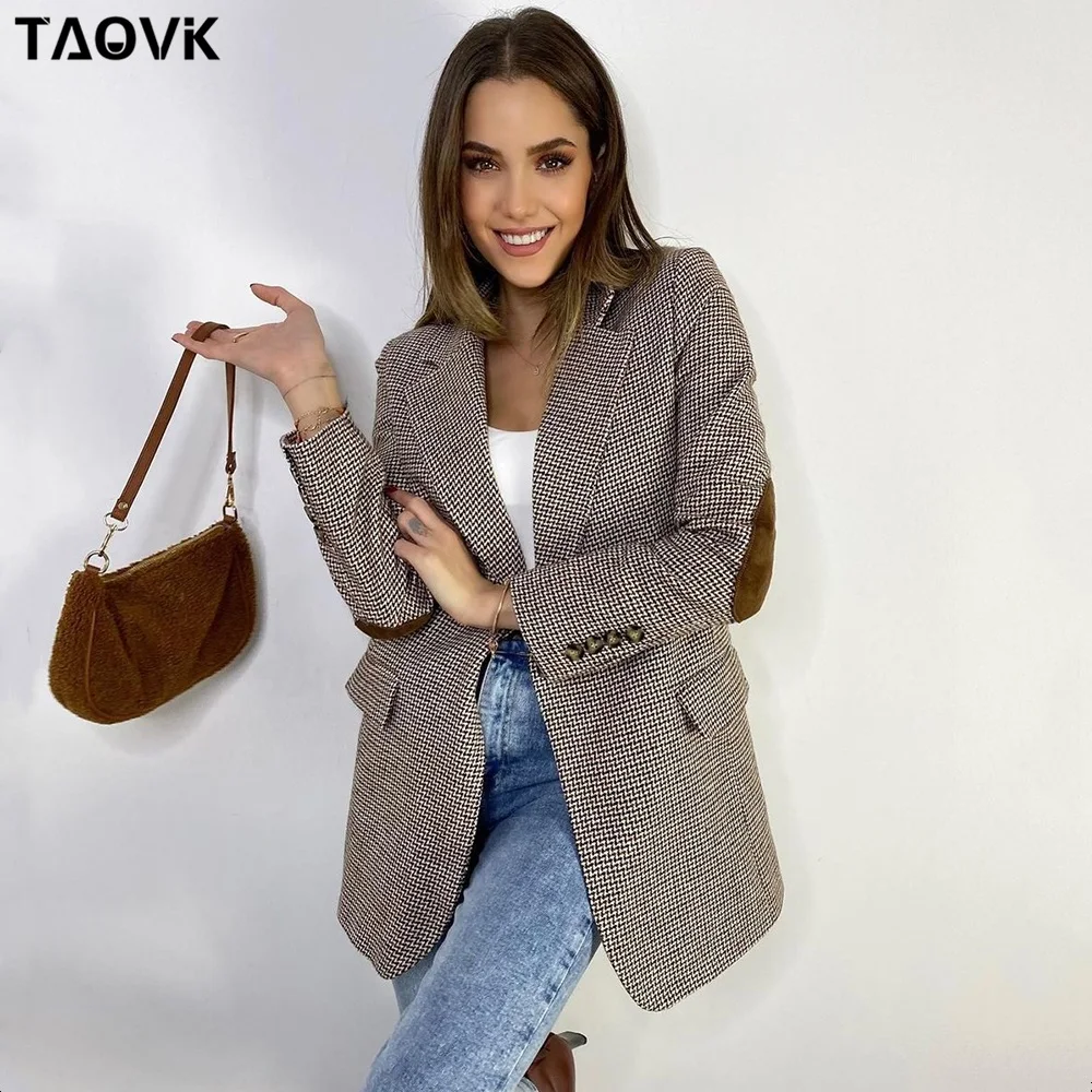 

Женский офисный блейзер в клетку TAOVK, двубортный пиджак с рукавами и накладными карманами, повседневное пальто на одной пуговице для осени