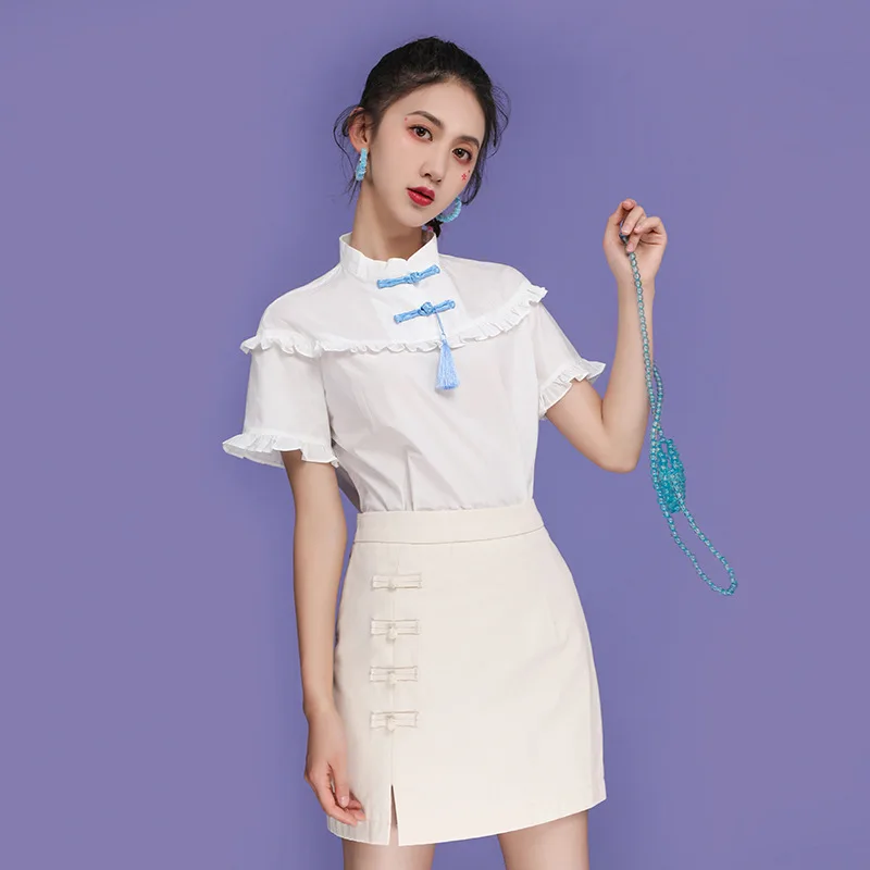 Женская блузка с коротким рукавом белая рубашка в китайском стиле