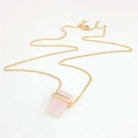 natural stone rectangular solid pink quartz crystal pendant necklace gold color long sweater chain necklaces