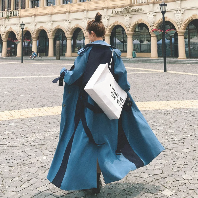 2021 Женская ветровка осень двубортное длинное поясом пальто-тренчи для женщин