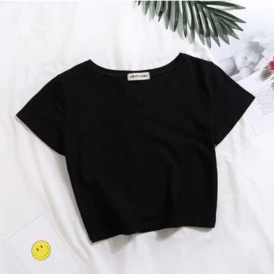 V-Black Повседневные однотонные Короткие топы с буквенным принтом, женские модные тонкие футболки с коротким рукавом, летние женские модные простые футболки с графикой, Новинка - Цвет: V-Black