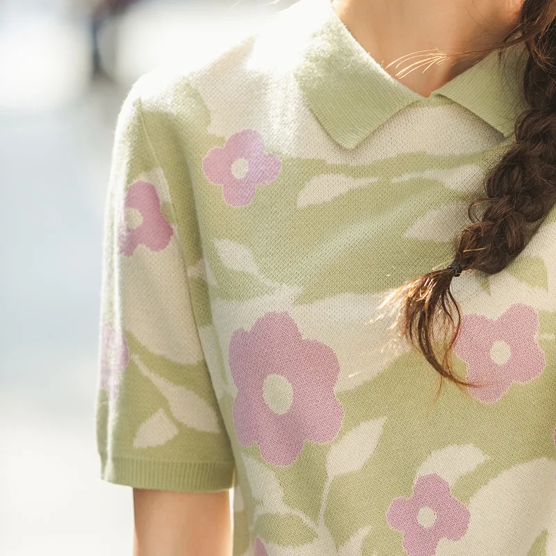 INMAN 2020 Spring New Arrival Literary Lapel Flower Jacquard Weave Base Short Sleeve Knit Sweater | Женская одежда