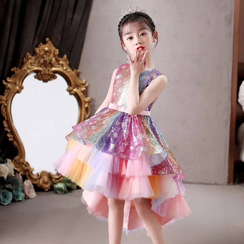 

2021 New Children Dress Trailing Princess Dresses Pink Girl Dress Performance Dress Summer Girl Dress Easter Costume 3-12 Years