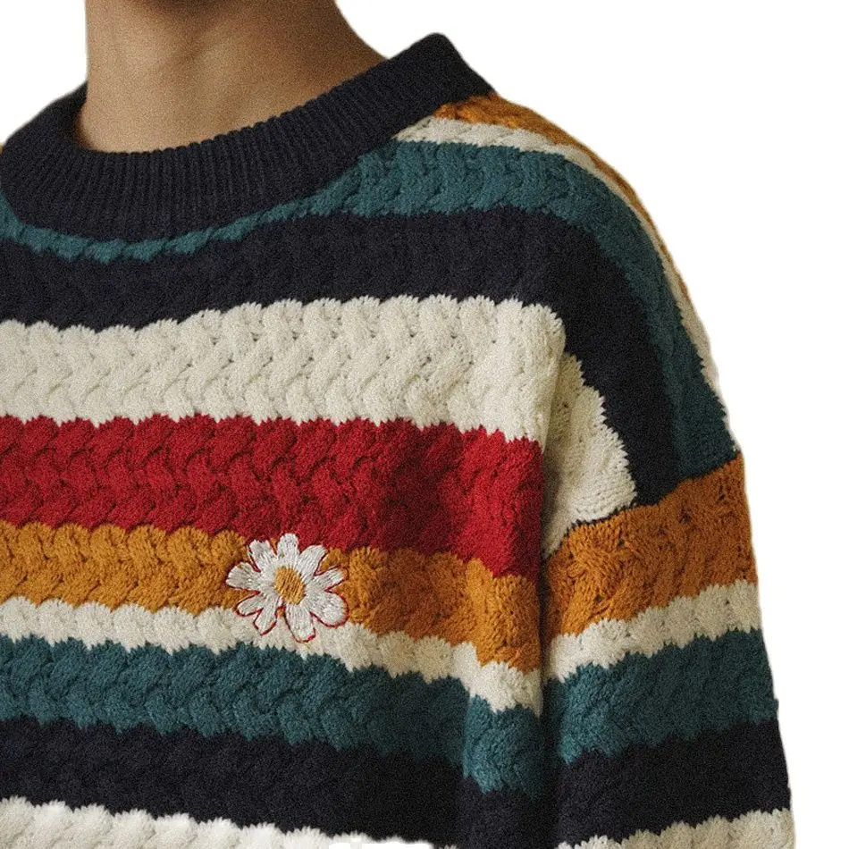 

2021 Spring Men Sweater Japan Style Acrylic Knitting O-Neck Pullovers Retro Harajuku Rainbow Striped Casual Slouchy Couples