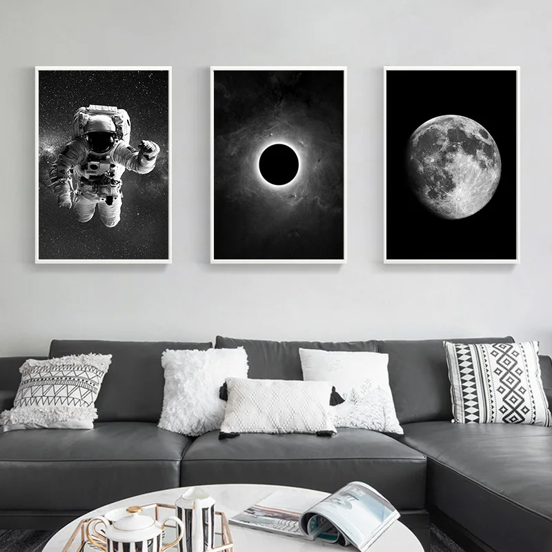 

Black and White Astronauts and Moon Canvas Painting Home Art Hanging Painting Wall Pictures for Living Room Space Style Kids