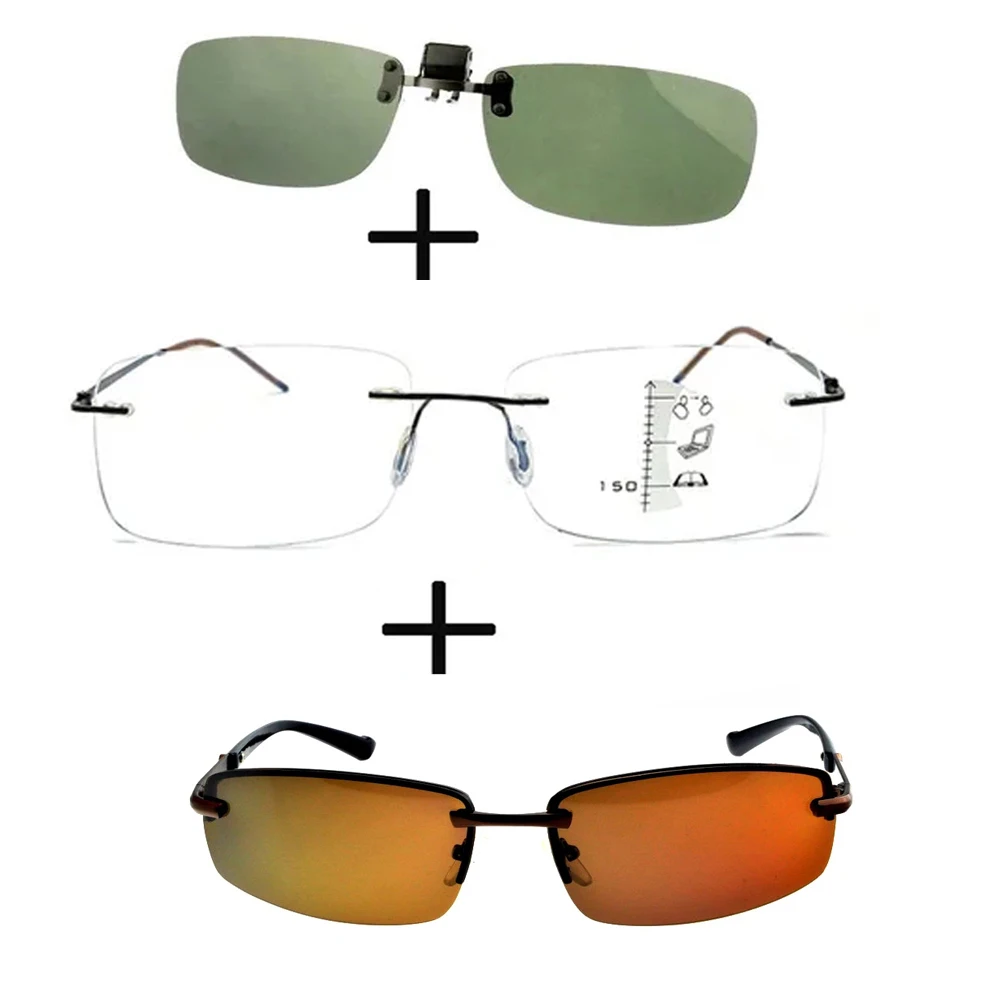 

3Pcs!!! Titanium Progressive Multifocal Reading Glasses Men Women + Polarized Sunglasses Ultralight Sports + Sunglasses Clip