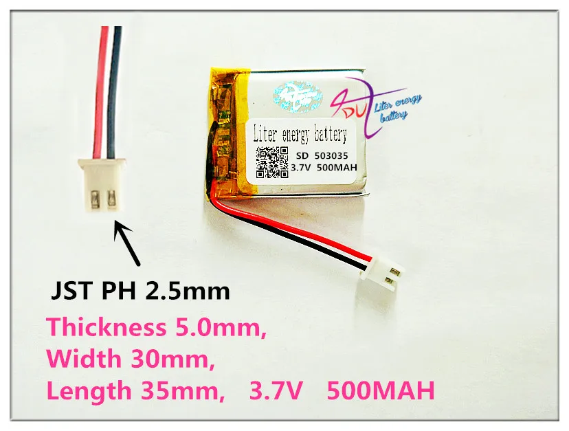 

XHR-2P 2.5 Polymer battery 503035 3.7V 500MAH smart home MP3 speakers Li-ion battery for dvr,GPS,mp3,mp4,cell phone,speaker