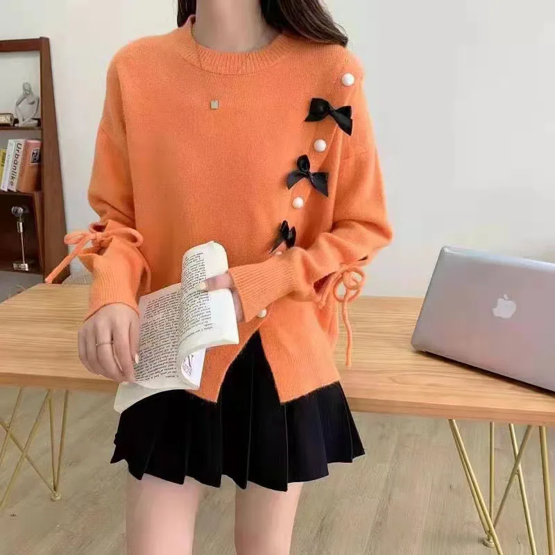 

Autumn Winter Casual Pullover Sweater Women 2021 New Korean Loose Sweet Bow O-Neck Long Sleeve Outer Knit Sweaters Tops Female