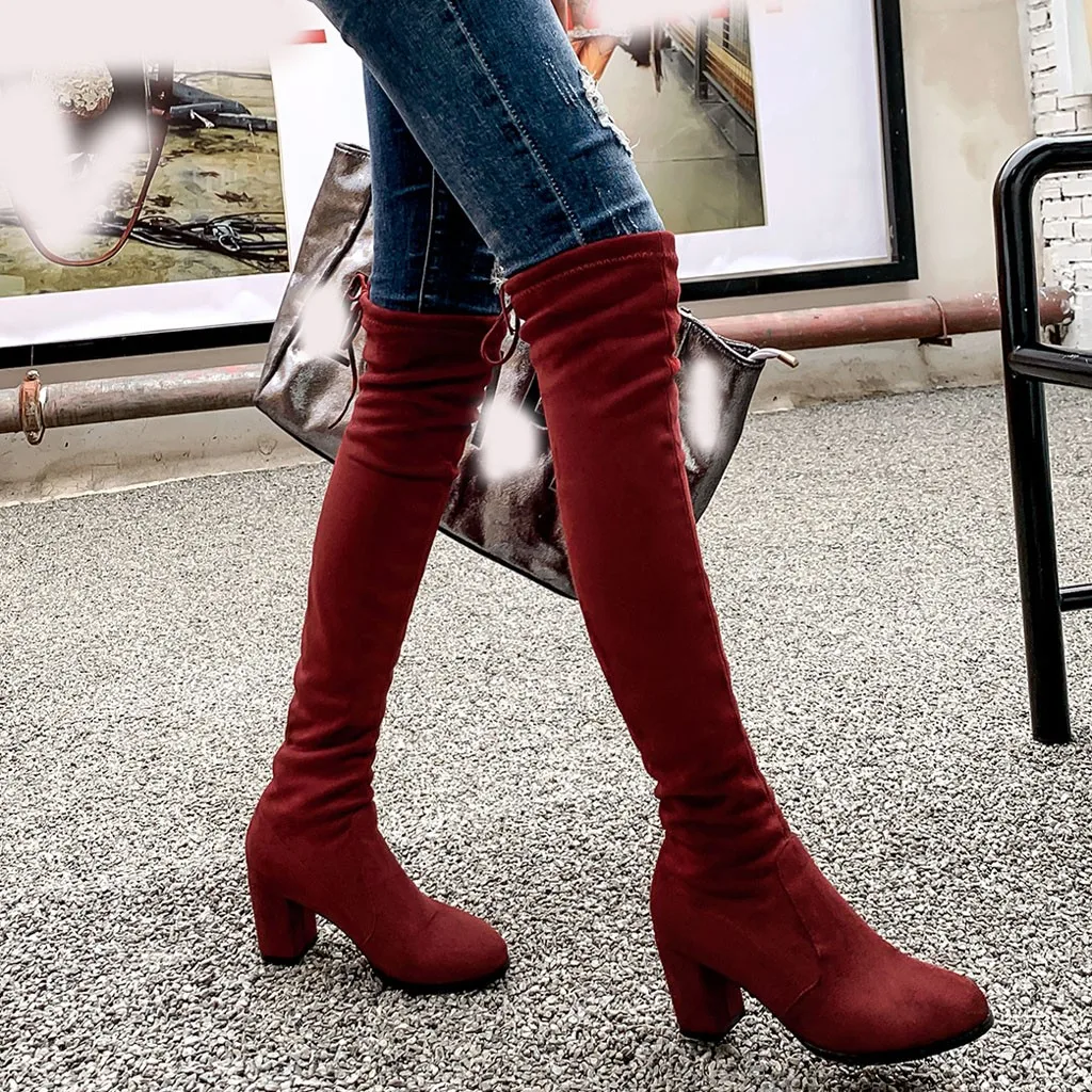 Женские высокие сапоги до колена модные замшевые из флока пикантные женские на